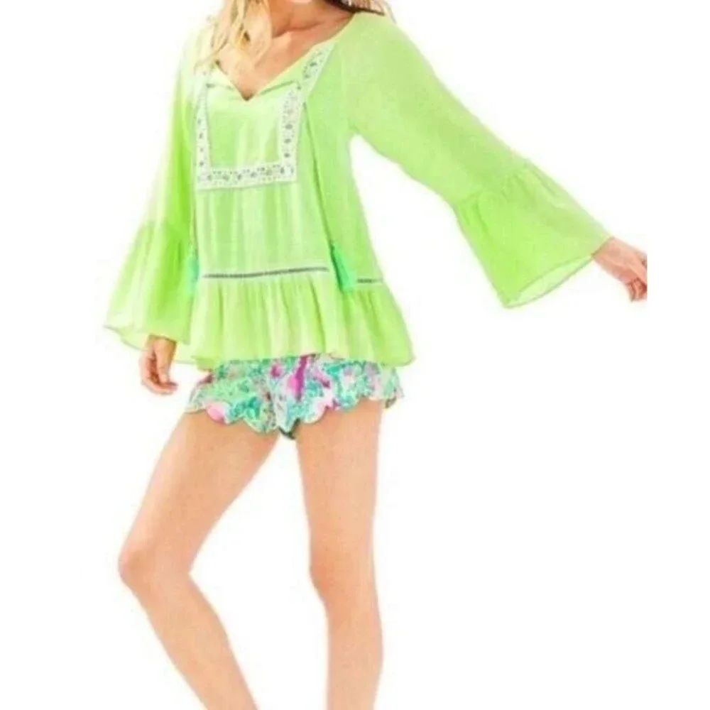 Lilly Pulitzer Amisa Top Mermaid Green Size XS Long Bell Sleeve Peasant Blouse - Picture 2 of 9